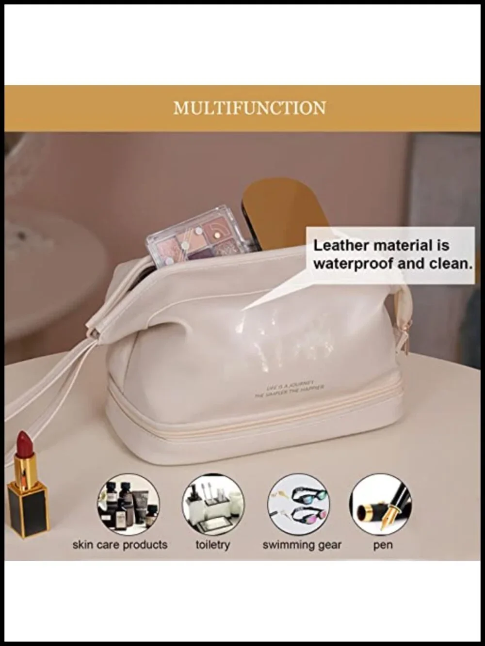 Large Capacity Travel Makeup Bag with Compartments PU Leather Cosmetic Case